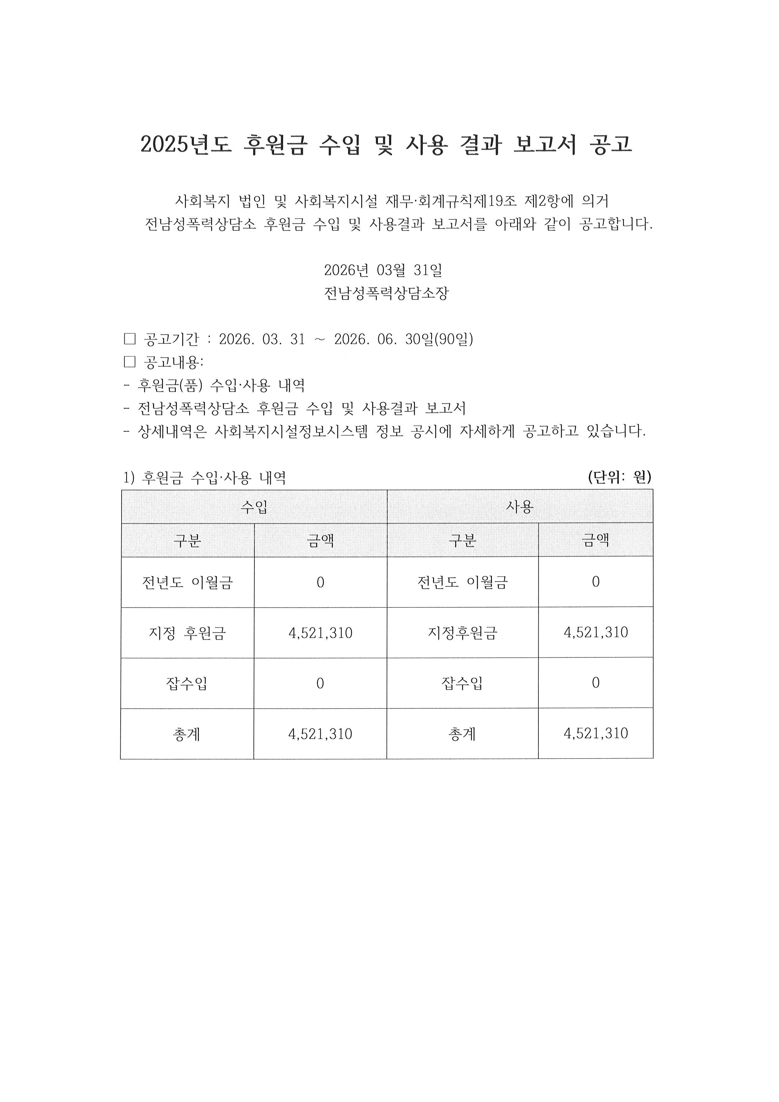 2025년도 후원금 수입 및 사용결과 보고서 공고